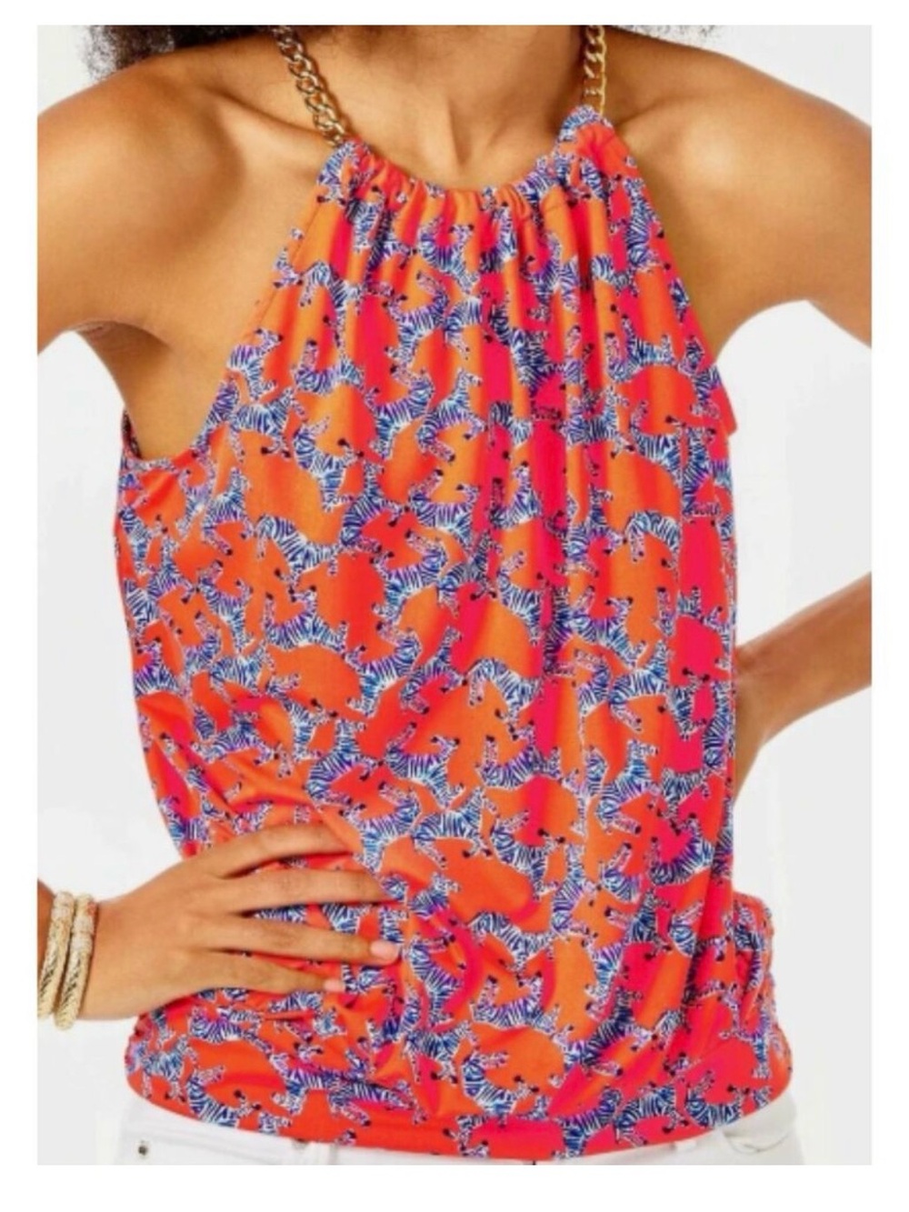 Lilly Pulitzer Coral Halter Camisole with Blue Zebra Print and Gold Chain